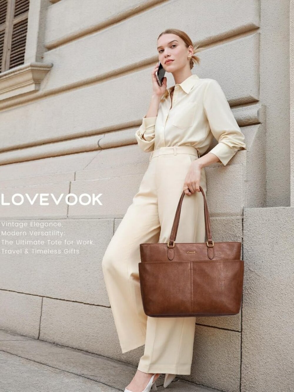 Stylish Vintage Leather Work Tote for Women, 15.6" Laptop Bag with Cup Holder - Picture 2 of 6